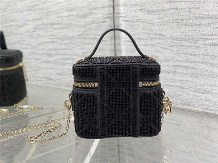 Micro Lady Dior VANITY CASE Cannage Cotton with Micropearl Embroidery Black High