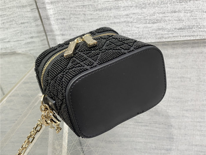 Micro Lady Dior VANITY CASE Cannage Cotton with Micropearl Embroidery Black High