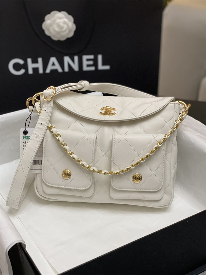 Chanel Hobo handbag AS4743 Shiny calfskin & gold-tone metal White High