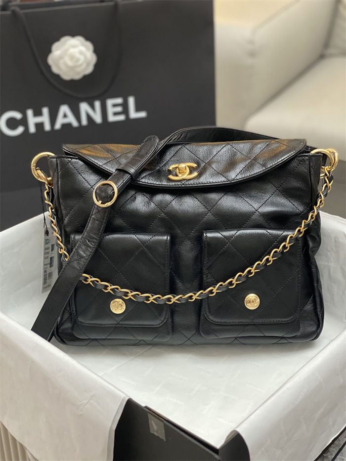 Chanel Large Hobo handbag As4668 Shiny calfskin & gold-tone metal Black High