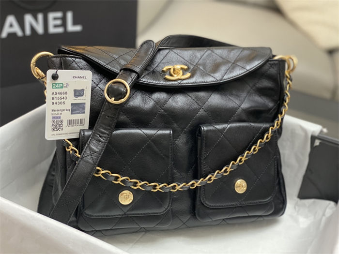 Chanel Large Hobo handbag As4668 Shiny calfskin & gold-tone metal Black High