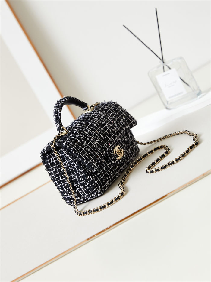 MINI FLAP BAG WITH TOP HANDLE AS2431 Cotton Tweed & Gold-Tone Metal Black A