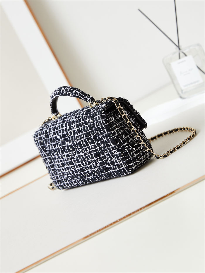 MINI FLAP BAG WITH TOP HANDLE AS2431 Cotton Tweed & Gold-Tone Metal Black A