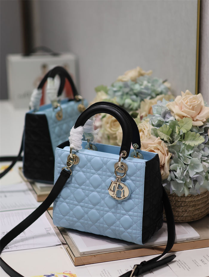 Two-Tone Medium Lady Dior Bag Two-Tone Cannage Lambskin Sky Blue and Black High