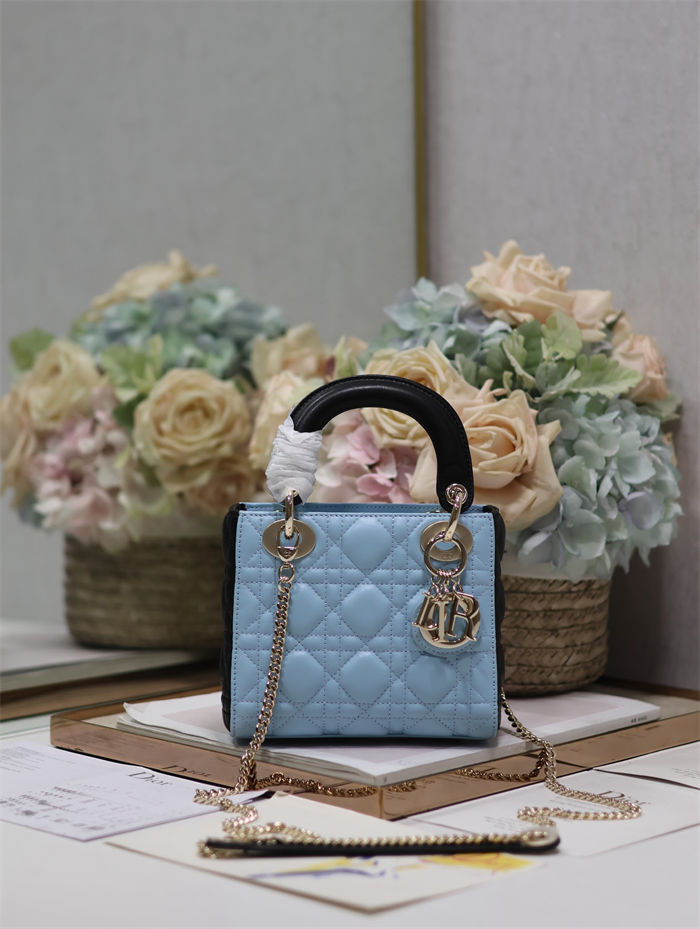 Two-Tone Mini Lady Dior Bag Two-Tone Cannage Lambskin Sky Blue and Black High