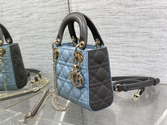 Two-Tone Mini Lady Dior Bag Two-Tone Cannage Lambskin Sky Blue and Steel Gray High