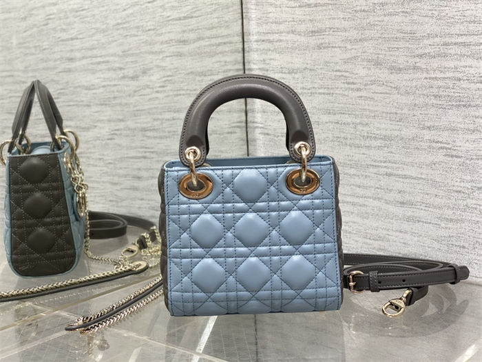 Two-Tone Mini Lady Dior Bag Two-Tone Cannage Lambskin Sky Blue and Steel Gray High