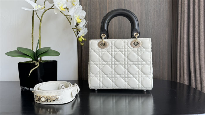 Two-Tone Small Lady Dior Bag Two-Tone Cannage Lambskin Latte and Black High