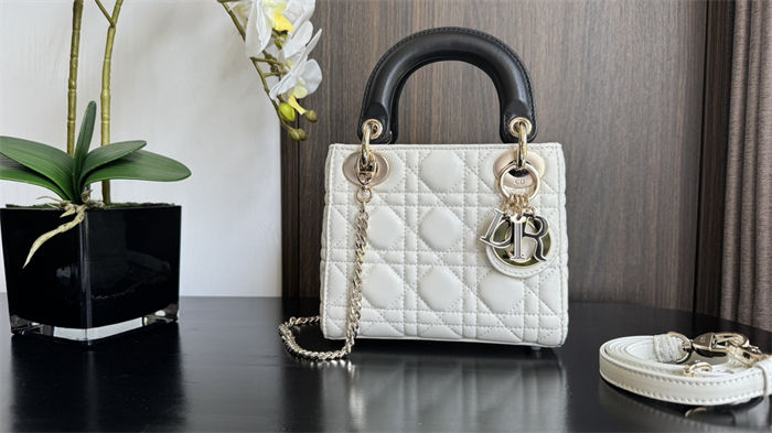 Two-Tone Mini Lady Dior Bag Two-Tone Cannage Lambskin Latte and Black High