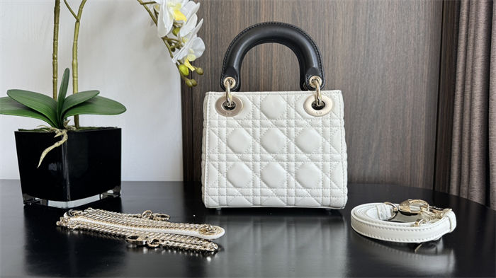 Two-Tone Mini Lady Dior Bag Two-Tone Cannage Lambskin Latte and Black High