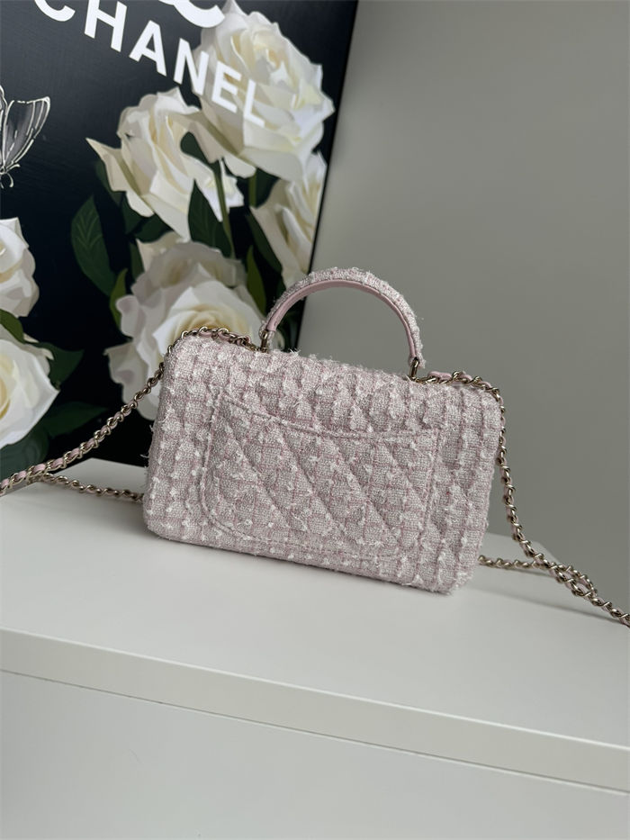 MINI FLAP BAG WITH TOP HANDLE AS2431 Cotton Tweed & Gold-Tone Metal Pink A