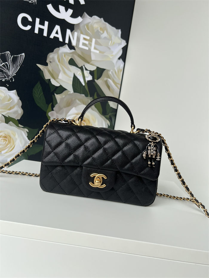 MINI FLAP BAG WITH TOP HANDLE AS2431 Grained Calfskin & Gold-Tone Metal Black P A