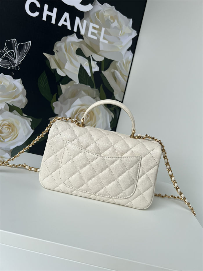 MINI FLAP BAG WITH TOP HANDLE AS2431 Grained Calfskin & Gold-Tone Metal White P A