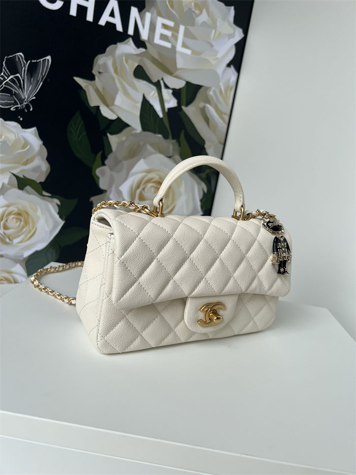 MINI FLAP BAG WITH TOP HANDLE AS2431 Grained Calfskin & Gold-Tone Metal White P A