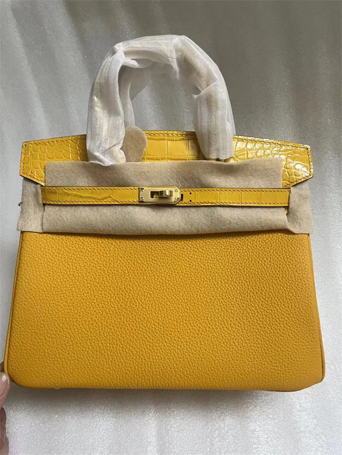 Hermes Birkin Touch 25/30cm Bag Togo and Crocodile Leather In Jaune Ambre WAX High