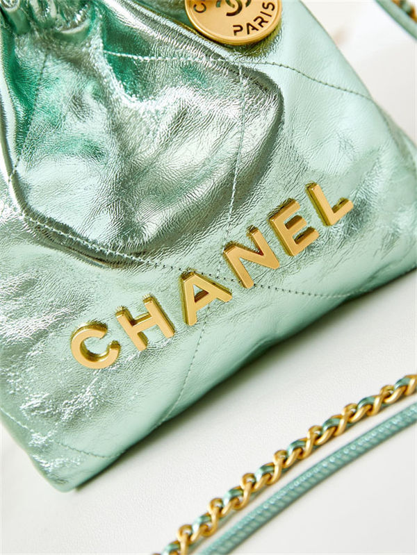 Chanel 22 MINI HANDBAG Metallic Calfskin & Gold-Tone Metal Green AS3980 High