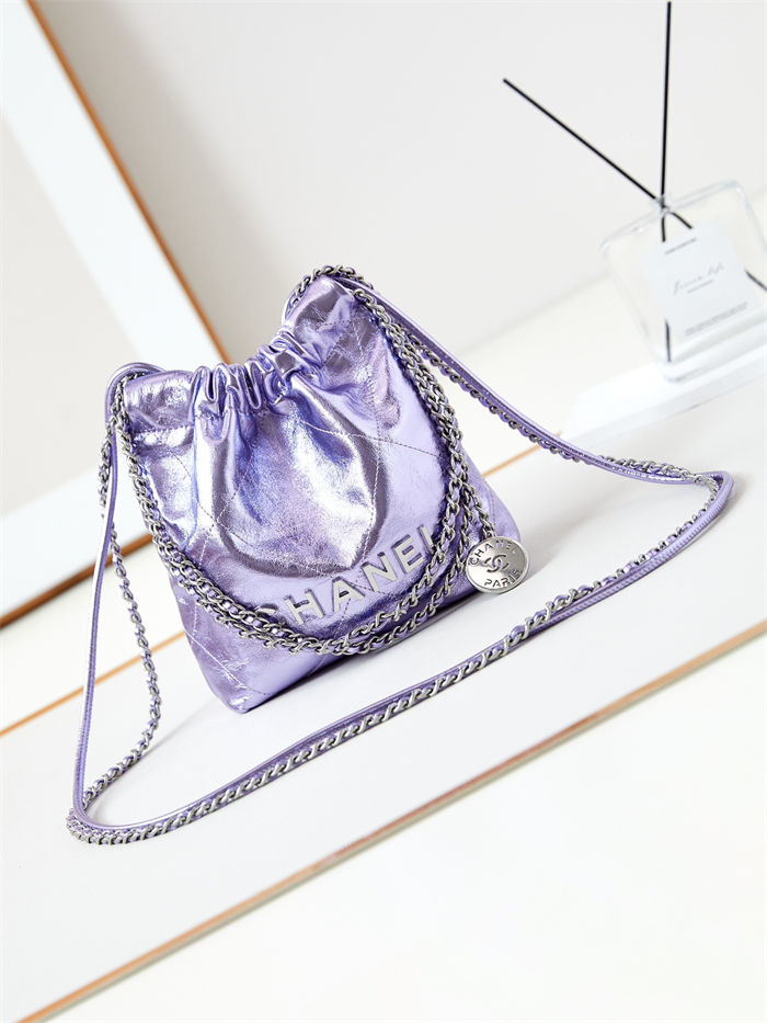 Chanel 22 MINI HANDBAG Metallic Calfskin & Silver-Tone Metal Purple AS3980 High