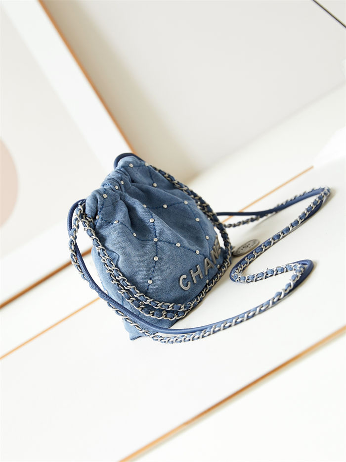 Chanel 22 MINI HANDBAG Washed Denim & Silver-Tone Metal Blue AS3980 High