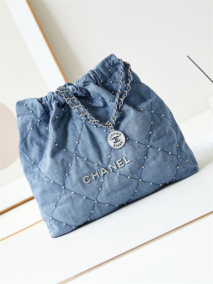 Chanel 22 MEDIUM HANDBAG Denim & Silver-Tone Metal AS3261 Blue High