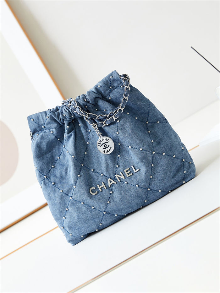 Chanel 22 SMALL HANDBAG Denim & Silver-Tone Metal AS3260 Blue High