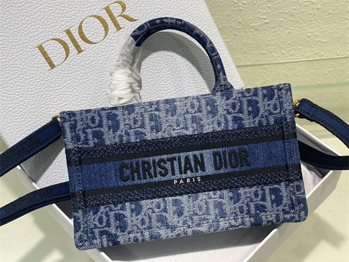 MINI Dior BOOK TOTE Dior Oblique Embroidery Blue Denim High