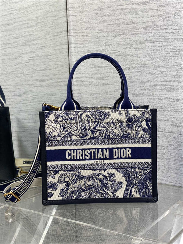 SMALL Dior BOOK TOTE Toile de Jouy Embroidery Blue With Strap High