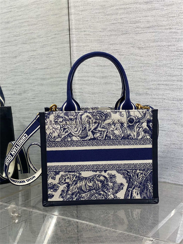 SMALL Dior BOOK TOTE Toile de Jouy Embroidery Blue With Strap High