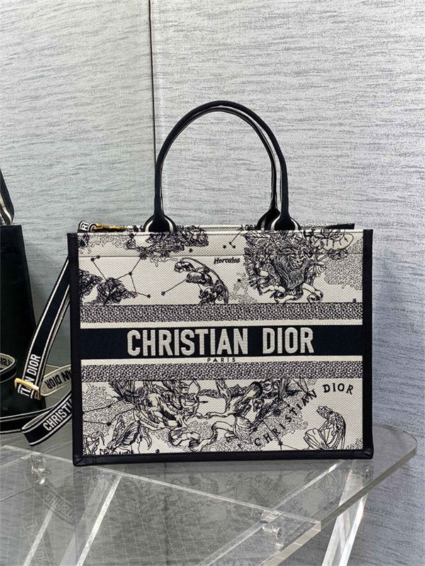 MEDIUM Dior BOOK TOTE Zodiac Embroidery and Black Calfskin High