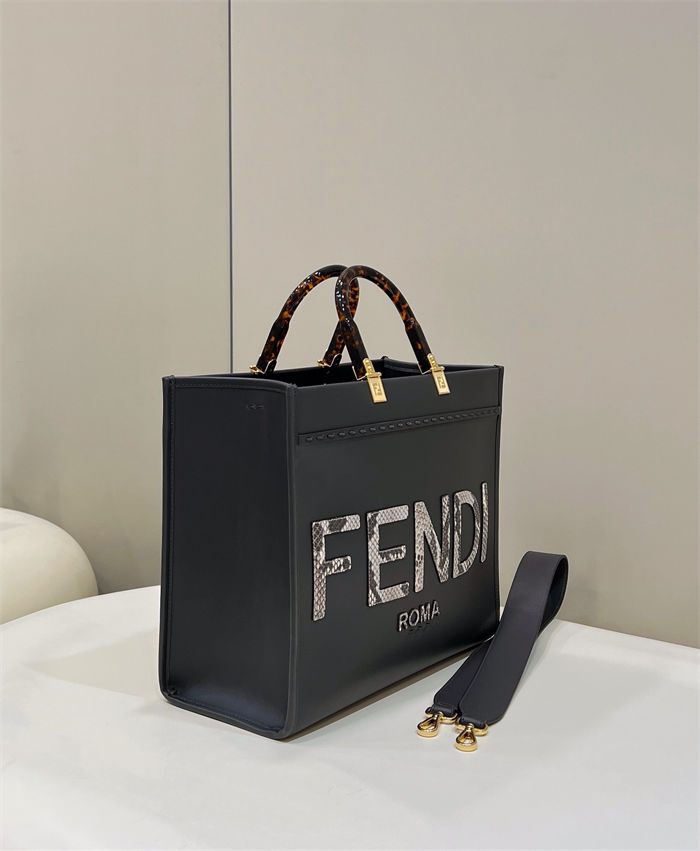 MEDIUM Fendi SUNSHINE Leather & Elaphe Shopper Black High