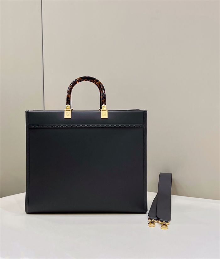 MEDIUM Fendi SUNSHINE Leather & Elaphe Shopper Black High