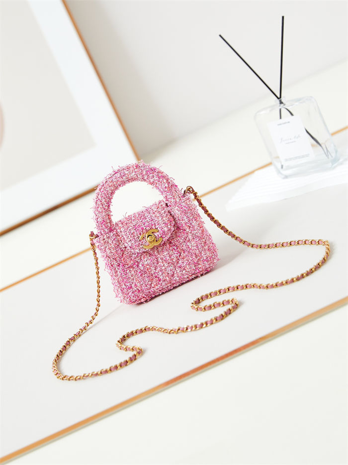 Chanel CLUTCH WITH CHAIN AP3435 Cotton Tweed & Gold-Tone Metal Pink High