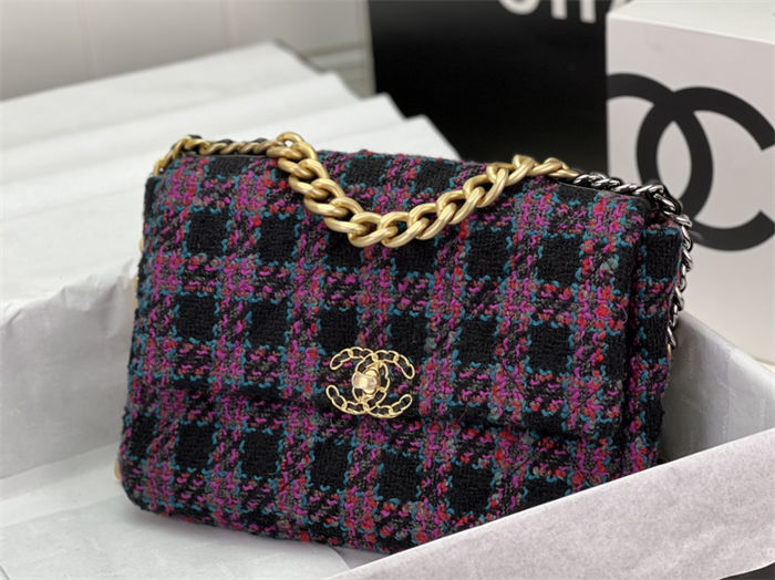 Large Chanel 19 Flap Bag Tweed Gold-Tone Black-Fuchsia High