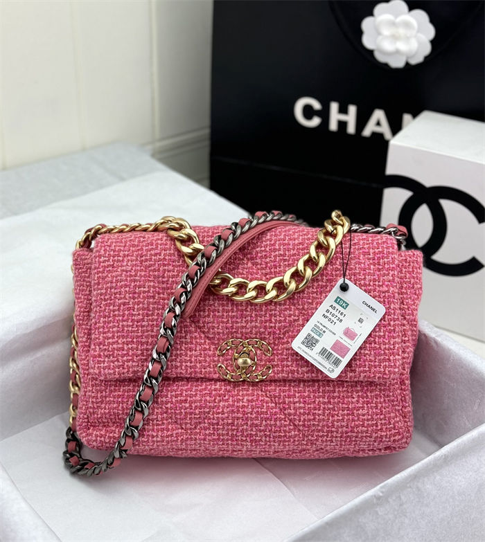 Large Chanel 19 Flap Bag Tweed Gold-Tone Rose-Pink High