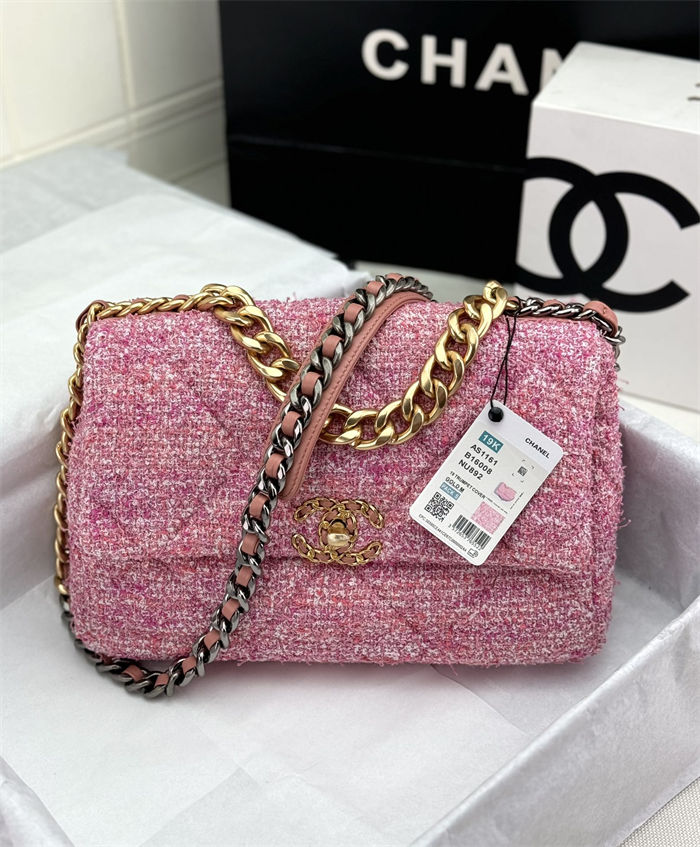 Large Chanel 19 Flap Bag Tweed Gold-Tone Pink High