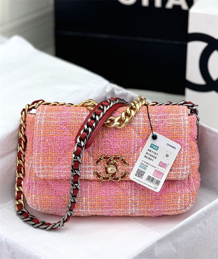 Large Chanel 19 Flap Bag Tweed Gold-Tone Pink-Orange High