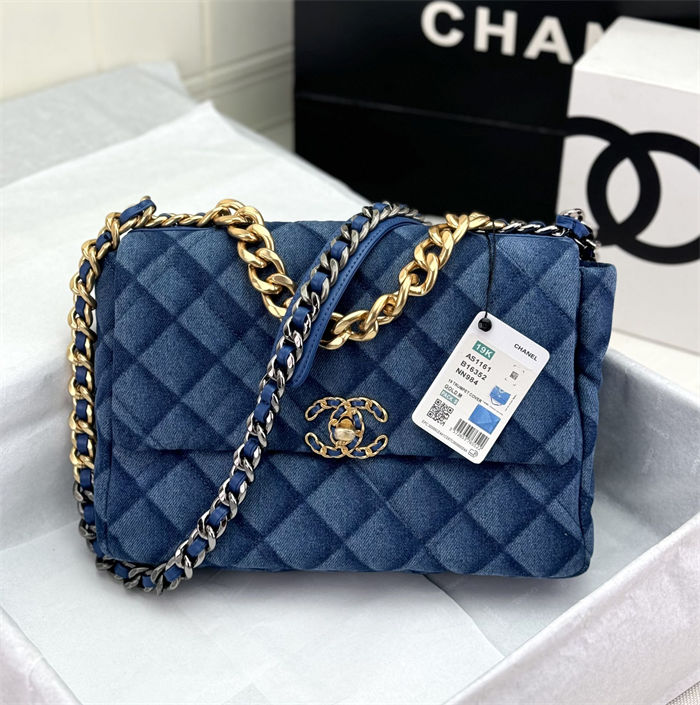 Large Chanel 19 Flap Bag Denim Gold-Tone Blue High