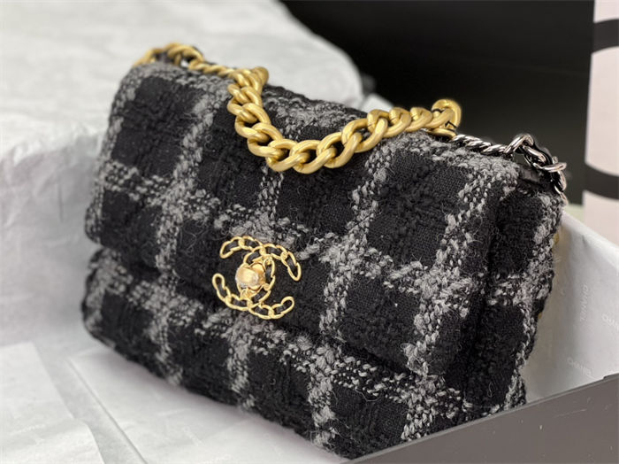 Chanel 19 Flap Bag Tweed Gold-Tone Black-Grey High