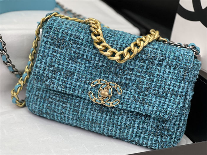 Chanel 19 Flap Bag Tweed Gold-Tone Blue High