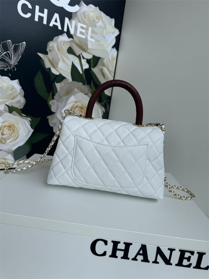 SMALL FLAP BAG WITH TOP HANDLE Grained Calfskin White Gold Metal High