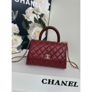 SMALL FLAP BAG WITH TOP HANDLE Grained Calfskin Burgundy Gold Metal High