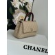 SMALL FLAP BAG WITH TOP HANDLE Grained Calfskin Beige Gold Metal High