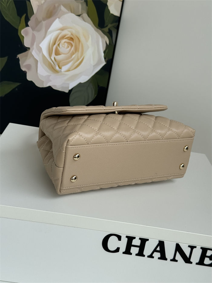 SMALL FLAP BAG WITH TOP HANDLE Grained Calfskin Beige Gold Metal High