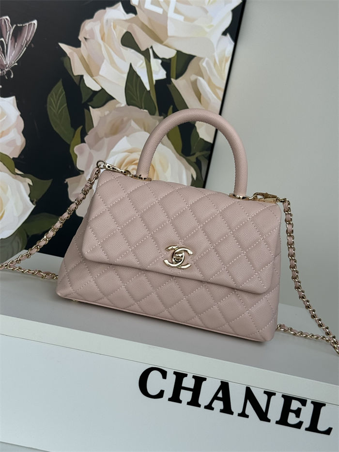 SMALL FLAP BAG WITH TOP HANDLE Grained Calfskin Pink Gold Metal High