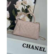 SMALL FLAP BAG WITH TOP HANDLE Grained Calfskin Pink Gold Metal High