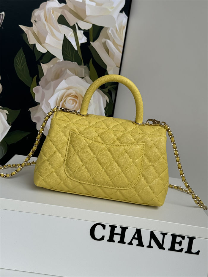 SMALL FLAP BAG WITH TOP HANDLE Grained Calfskin Yellow-binding Gold Metal High