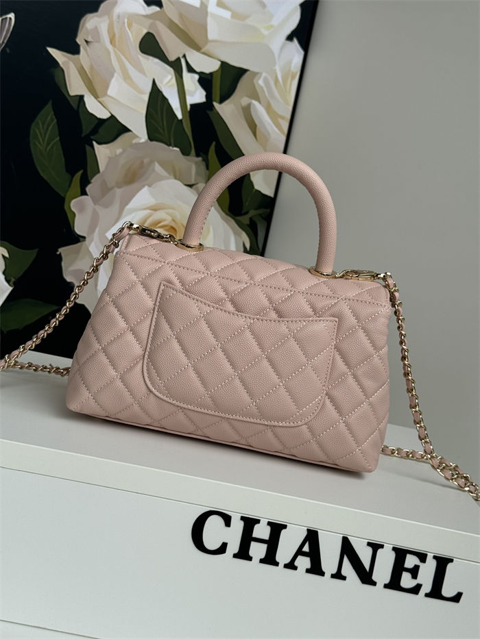 SMALL FLAP BAG WITH TOP HANDLE Grained Calfskin Pink-binding Gold Metal High