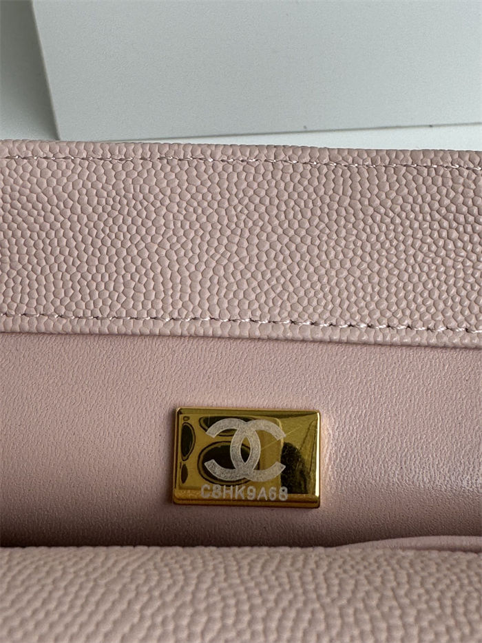 SMALL FLAP BAG WITH TOP HANDLE Grained Calfskin Pink-binding Gold Metal High