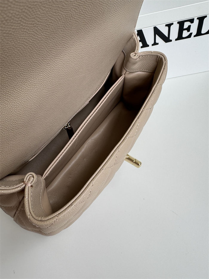 SMALL FLAP BAG WITH TOP HANDLE Grained Calfskin Beige-binding Gold Metal High