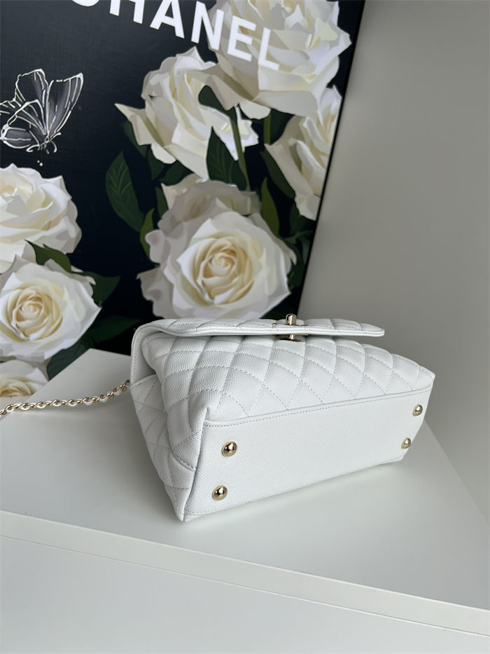 SMALL FLAP BAG WITH TOP HANDLE Grained Calfskin White-binding Gold Metal High