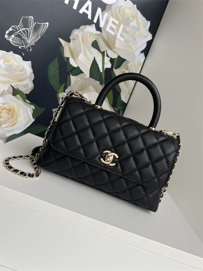 SMALL FLAP BAG WITH TOP HANDLE Grained Calfskin Black-binding Gold Metal High